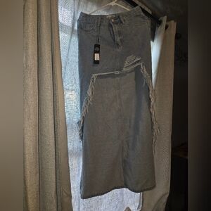 Fashion Nova Distressed Denim Maxi Skirt - Light Blue